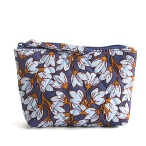 Vera Bradley Essential Zip Top Pouch Navy Blue Tan Paw Paw Flower Cotton Floral